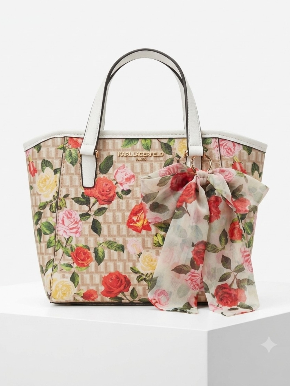 Karl Lagerfeld Rose Print Tote in Beige, Red and Pink